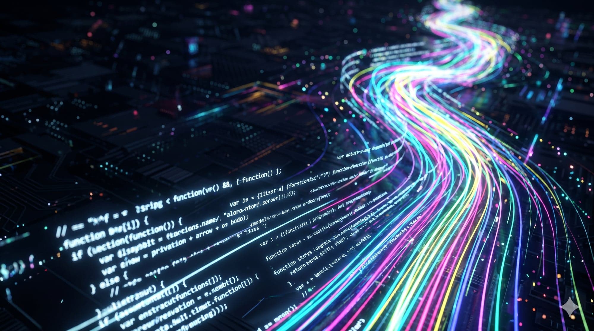 Flujos de código y datos coloridos representando desarrollo web y software en Chromatic IT